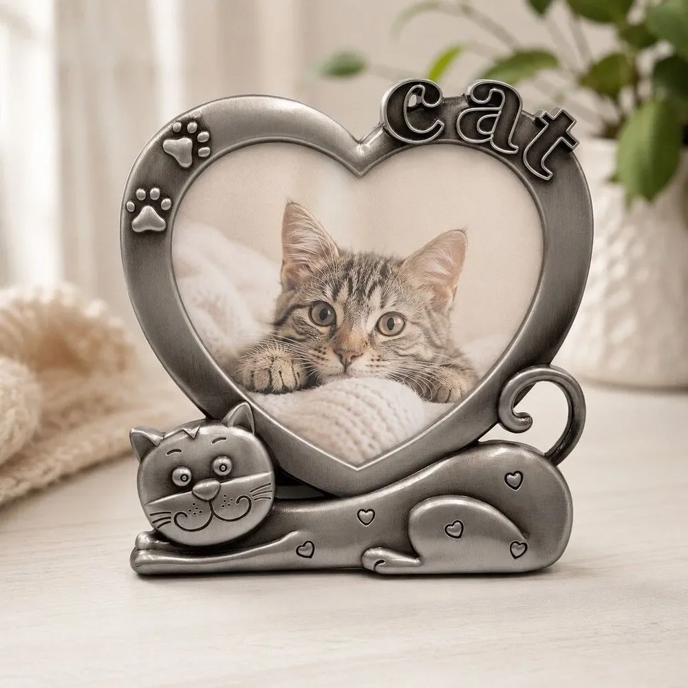 LASODY Cat Picture Frame Heart 4x3.5 Silver Tone Paw Prints Kitty Pet Decor